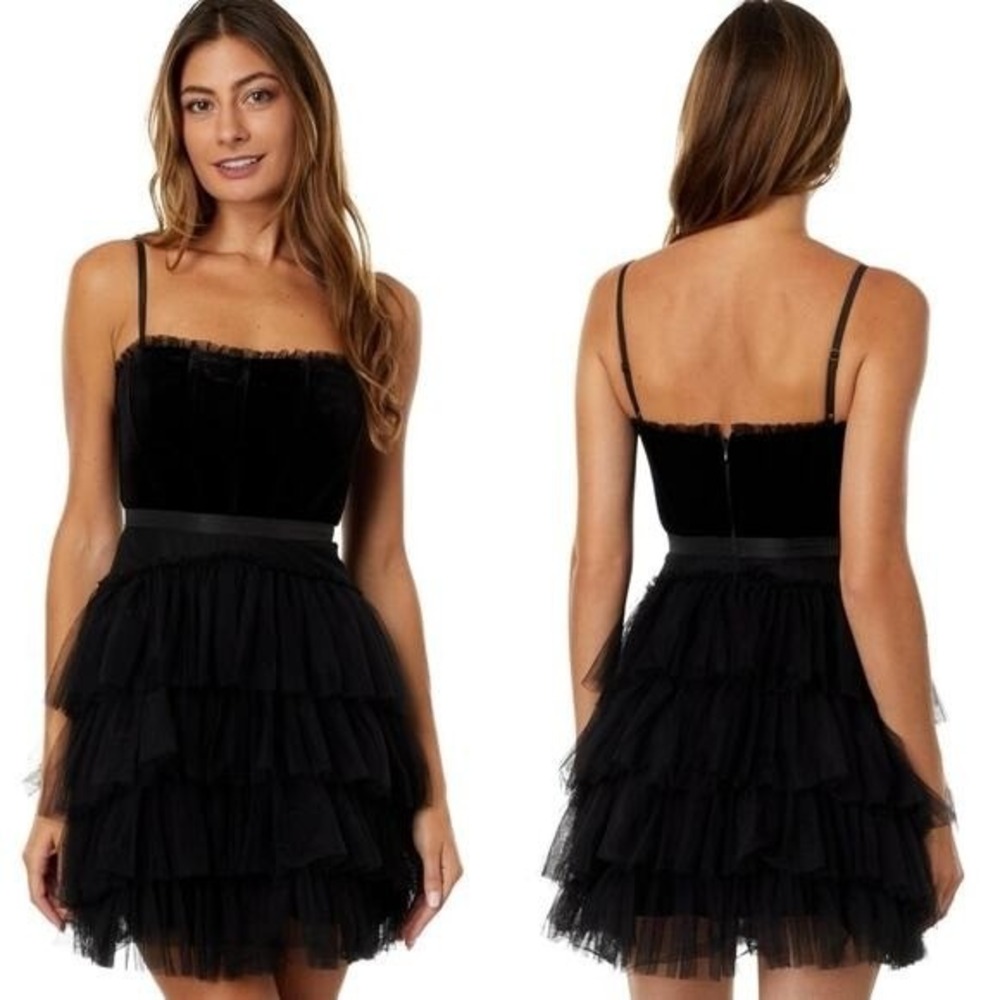 Betsy & Adam Velvet Mesh Whimsigoth Black Tiered Ruffle‎ Mini Dress NWT Size 4
